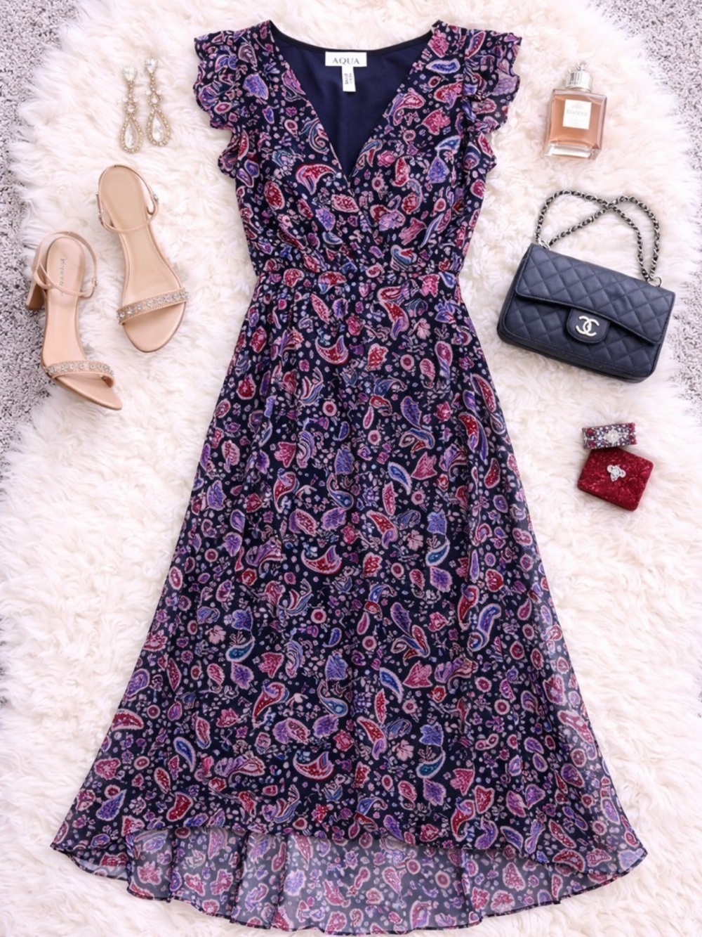 AQUA Purple Mix Paisley Print Midi Dress Size XL NWT Date Night Office Wear